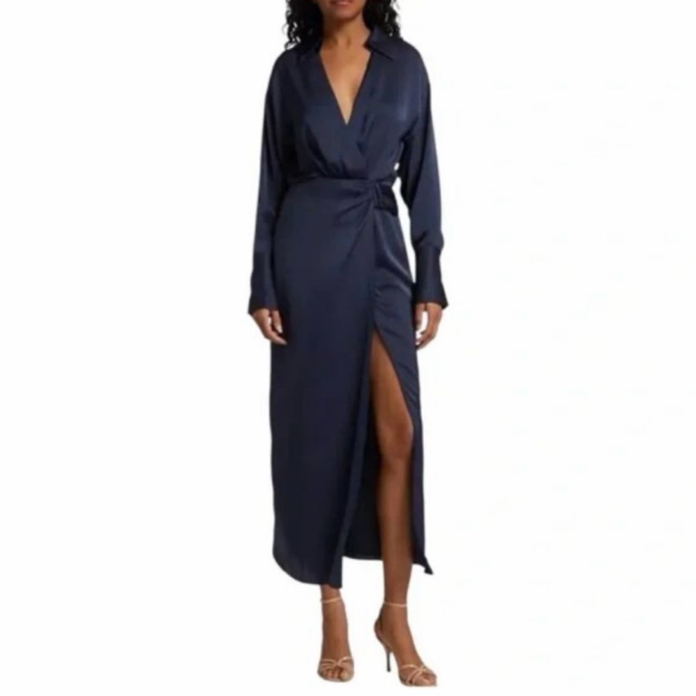 House of Harlow Satin Wrap Tie Navy Maxi Dress French Cuffs Rhinestone Sz XS NWT